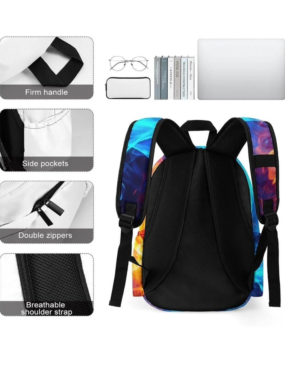 Flame & Lightning Baseball Print Kids Backpack Bag - Black/Blue/Orange